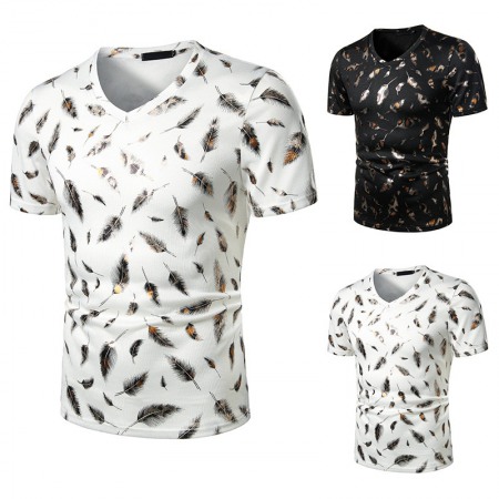 Summer Men's Nightclub Bar Fashion Casual Feather Print Short-Sleeved T-Shirt