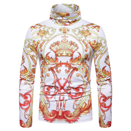 New Men's Plus Size 3D Classical Crown Printing High Neck Long Sleeve T-Shirt Bottoming Shirt