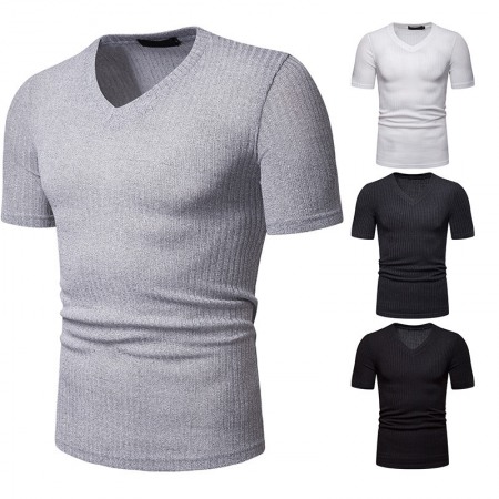 New Summer Thin High Stretch Men's V Short Sleeve T-Shirt