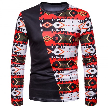 New Style Men's Fashion Hit Color 3D Digital Printing Long Sleeve Round Neck T-Shirt